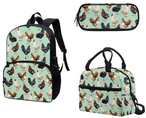COEQINE Vintage Chicken Backpacks for Teen Girls Middle School Aesthetic Big Cute Book Bag Lunch Box Set for Toddler Girl 8-10 Age,Green
