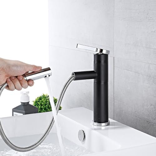 Badezimmer-Waschtischarmatur mit herausziehbarer Brause, 1 Loch, 360° drehbar, Waschtischarmatur, Messing, Warm- und Kaltwasserhahn, Schwarz + Chrom, kurz Chaser of Light