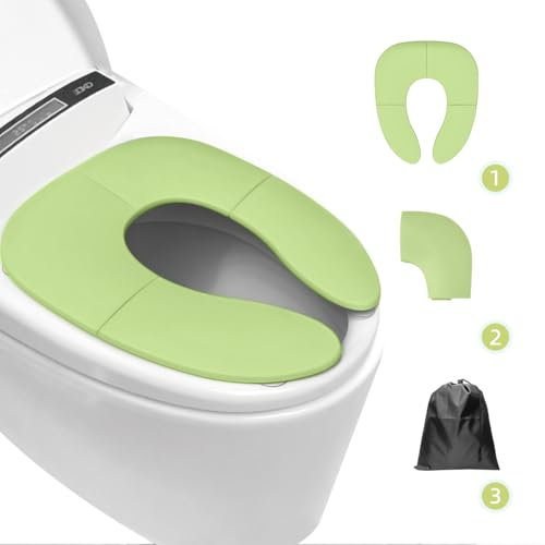 Pejoye Potty Toilet Training Seat, Green Portable Potty Training Toilet Seat for Boys and Girls, Foldable Travel Toddler Toilet Seat with Storage Bag, Non-Slip Folding Toilet Seat Covers for Travel
