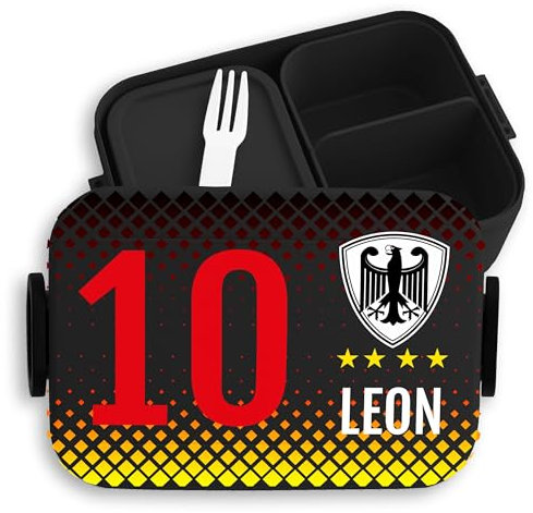 Kinder Bento Box Midi Lunchbox für Mepal Bentobox - Fußball - Deutschland Fussball Brotdose Germany Name und Nummer personalisiert - 900 ml - Schwarz - geschenke einschulung jungen soccer