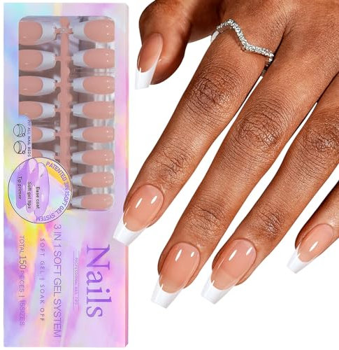 Ling & Bai Soft Gel Nail Tips French 150 Pcs 3 in 1 X Base Coat Pre-applied Tip Primer for Extension