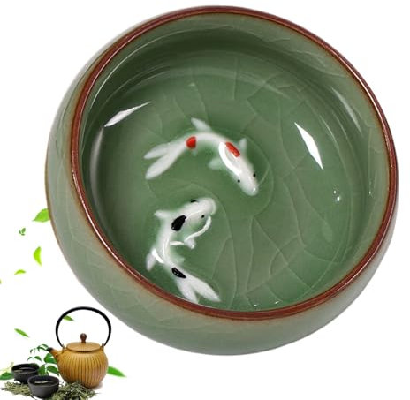 XUEYEGONGJI Chinese Tea Cup 2.56x1.18 Inch 2oz. Long-Quan Celadon Kung Fu Teacups with Vivid Koi Fish Crackle Patterns