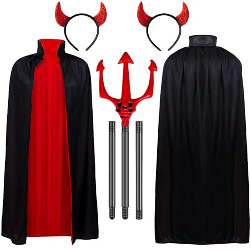 3Pcs Halloween Teufel Vampir Kostüm Set, Halloween Vampir Cape Reversible Mantel, Teufel Hörner Stirnband, Teufelsgabel, rot glänzende Stirnband für Halloween Party Requisiten, Teufel Outfit