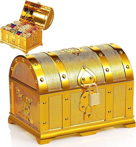 DALAETUS Pirate Treasure Chest Combo, Pirate Treasure Chest with Lock, 10 Gold Coins and 10 Fake Gems, Pirate Treasure Toys for Pirate Party Decorations Treasure Hunting Birthday Christmas Halloween
