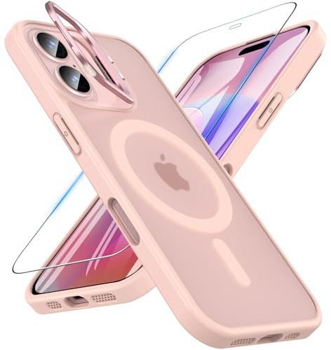 OWKEY Cover per iPhone 16 6.1'', Compatibile con MagSafe, Protezione Militare, Antiurto, Custodia Traslucida opaca Rosa