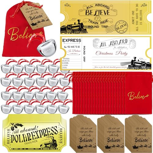 24 Sets Weihnachtsglocken, Glöckchen, silberfarbene Glocken, Weihnachtsdekoration, Zugticket mit Etiketten, roter Samtbeutel, Weihnachtsfilm, Partygeschenke für Weihnachten, Party, Baumschmuck