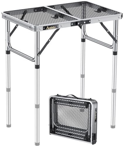 Anbte Folding Grill Table, 3 Adjustable Heights Aluminum Camping Table Heat Resistant with Mesh Desktop, Lightweight, Portable handle for Outdoor Cooking Fishing Picnic Garden, 58 cm x 40 cm, Silver