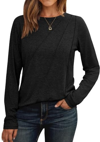 Cuptacc Pullover Damen Langarm 2025 Langarmshirt Mit Falten Casual Top Schlanke Passform Shirt Leicht Schwarz,Mittel M 38-40