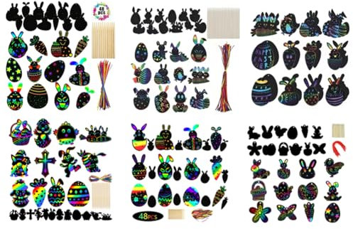 ISAKEN 12 Stück Ostern Kratzbilder für Kinder, Ostereier Kratzpapier Ostern Bastelsets Kinder, Regenbogen Kratzpapier Bastelset Geschenke für Kinder Kleine Ostergeschenke Party Mitgebsel