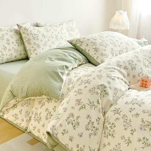 AShanlan Bettwäsche 200x200 Baumwolle Weiß mit Lila Gelb Blumenweise Grün Blätter Bettbezug 3teilig Klein Blumenmuster Angenehme Weiss Deckenbezug und 2 Blümchen Kissenbezüge 80x80 mit Reißverschluss