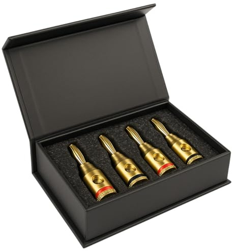 DEGG® Bananenstecker Lautsprecher, Vergoldet, 4mm, 4 Stück | Banana-Steckverbinder, High End für Lautsprecherkabel, Anschluss für HiFi-Boxen, Verstärker/Endstufen, Receiver/Stereoanlagen
