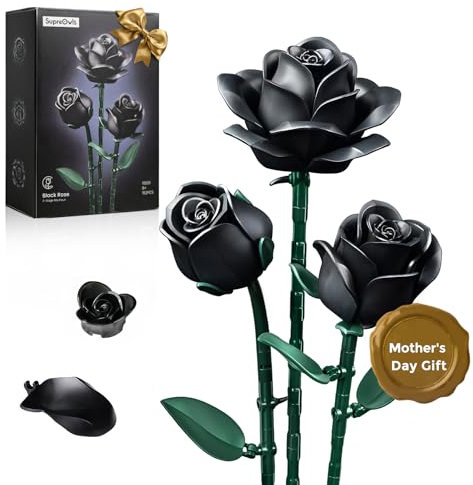 Black Roses Flower Building Set - 3Pack, Compatible with Lego Bouquet for Adults, Gift for Halloween & Valentines - Gothic Retro Horror Artificial Flowers Botanical Collection Home Decor - IA11009