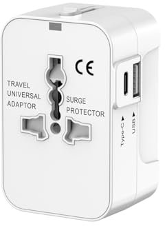 Universal Travel Adapter with Surge Protection, USB Port, Type-C Port, Black (White-1)