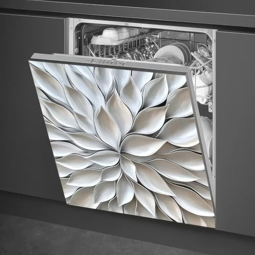 BlissYard Magnetabdeckung für Geschirrspüler mit Blumenmotiv, 58 x 66 cm, silberfarbene Blütenblatt-Textur, magnetische Geschirrspüler-Abdeckung, Unterlegscheiben, Kühlschrank-Panel, Aufkleber