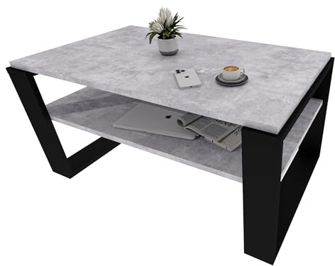 möbelkap Couchtisch 91×51 cm – Wohnzimmertisch aus Holzwerkstoff, Stabiler & moderner Kaffeetisch mit zusätzlicher Ablagefläche – Beistelltisch, Beton Optik/Schwarz, rechteckig