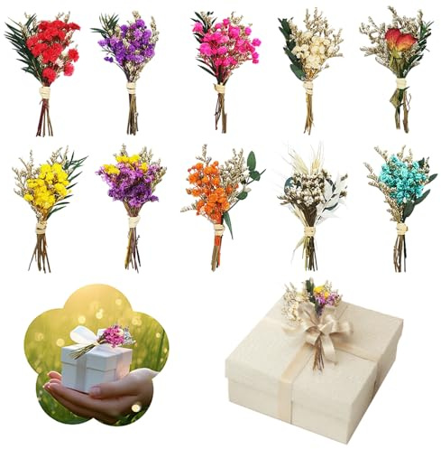 TILONKJ 10 Stück Mini Trockenblumensträuße | Trockenblumenstrauß klein, 10 verschiedene Farbvarianten, Natürliche Blumen, für Vase & Tischdeko, Geschenk
