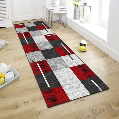 WTHYGB Teppich Läufer Flur, Küchenläufer 80x200cm rutschfest Waschbar | Bettvorleger für Waschküche, Vorzimmer, Schlafzimmer Küche und Wohnzimmer, Carpet Geometrisches Rot Grau