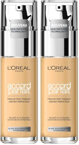 L'Oréal Paris - Flüssige Grundierung, feuchtigkeitsspendend, 24 Stunden – Formel mit Hyaluronsäure – alle Hauttypen – Farbe: Elfenbein (1.N) – Perfekte Passform – 30 ml (Packung mit 2)