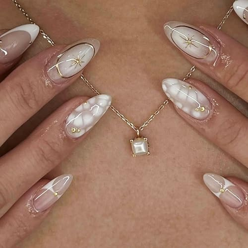 Aribliseza Press On Nails 24 Pieces, Almond French Nails, Acrylic Nails with White Floral Accents and 3D Gold Line Design, Glossy Gel Finish, Reusable for Women