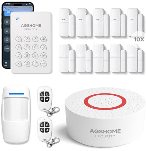 AGSHOME Allarme Casa senza Fili WiFi 120 dB, 15 Pezzi | Notifiche App gratuite senza abbonamento, controllo remoto, batteria 8 ore, installazione facile, compatibile con Alexa