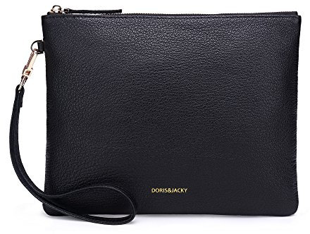 Doris&Jacky Damen Weiches Lammleder Wristlet Clutch-Bag für Designer Große Geldbeutel mit Bügeln Mitte Schwarz-Ziegenleder