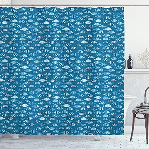 ABAKUHAUS Fische Duschvorhang, Abstrakt Aquatic Entwurf, Stoffliches Gewebe Badezimmerdekorationsset mit Haken, 175 x 180 cm, Petrol Blau Baby Blue