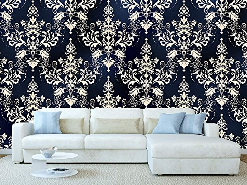 Photo Wallpaper with White Damask Print and Blue Background Various Sizes 500x300cm Vinyl