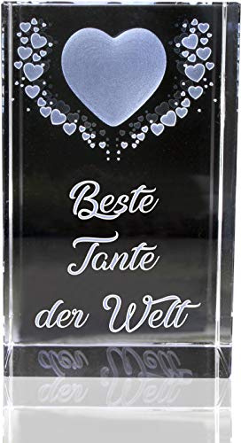 VIP-LASER | 3D Kristall | Motiv: Fliegende Herzen | Beste Tante der Welt (incl. LED-Leuchtsockel (empfohlen))