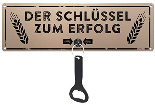 Schilderkönig Metallschild mit Flaschenöffner - Der Schlüssel zum Erfolg - wetterfestes Schild für Gartenhaus, Grillecke, Balkon, Terasse oder Küche