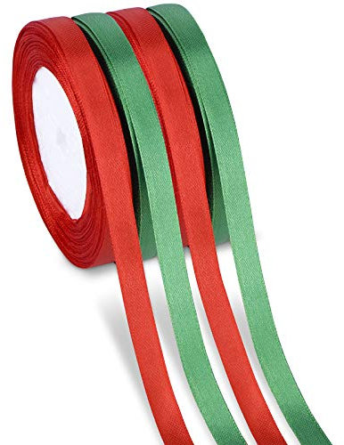 100m 4 Rollen Satinband Geschenkband Dekoband Schleifenband Bänder für Weihnachten Dekoration (Rot, Grün)
