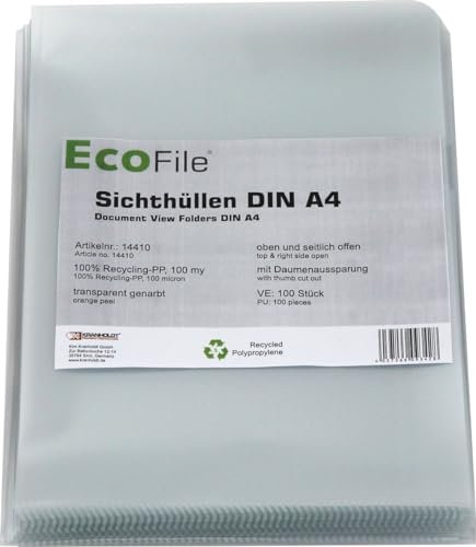 Sichthüllen Aktenhüllen / 100 Stück / A4 nachhaltig, Recycling PP 100 my, mit Daumenaussparung, oben und seitlich offen, Farbe: transparent genarbt