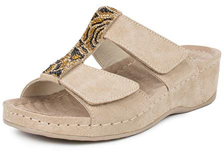 Jürgen Hirsch Mules Vita 01 pour femme en cuir avec semelle de massage et coussinets anti-chocs en 3 couleurs, beige, 42 EU