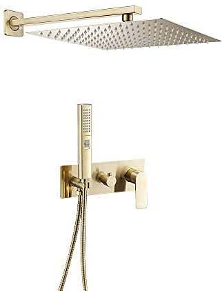 VALAZ Doccia Incasso Oro Spazzolato Protezione PVD | Miscelatore Doccia Incasso Spruzzatore Effetto Pioggia | Installazione a Parete Facile | Inossidabile, Rotondo, Spruzzatore 25 cm, Serie Miño