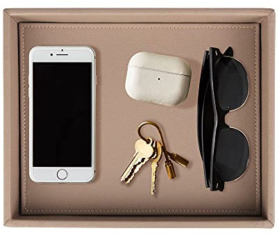 HofferRuffer Vassoio in pelle, vassoio decorativo in pelle PU, rettangolare, per gioielli, chiavi, orologio da polso, soggiorno, tavolo, cucina, 26 x 21,5 x 4,5 cm, marrone-grigio