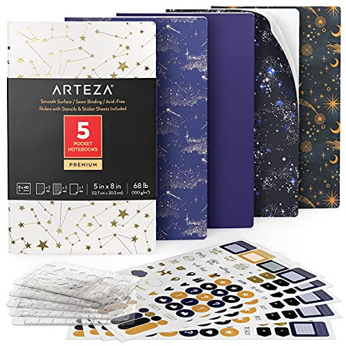 ARTEZA Notizbücher 5er-Set, 12.7 x 20.3 cm, Konstellationsdesigns, 2x Notizbuch liniert, 2x Bullet Journal und 1x Notizbuch weiße Seiten unliniert, fadengenähte Bindung, Softcover, glattes Papier
