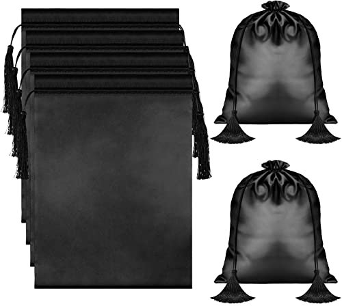Shappy 4 Pieces Silk Satin Wig Bag Black Hair Bags with Drawstring Tassel Stuff Satin Black Gift Travel Storage for Packaging Bundles Extension Home Salon Travel
