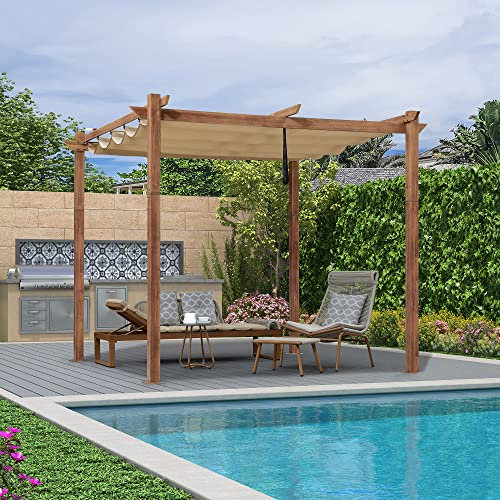 PURPLE LEAF Pergolato da Giardino Pergola 3 x 3 M in Alluminio per Esterno con Tetto a Scomparsa Poliestere Impermeabile e Resistente ai Raggi UV Struttura in Legno Struttura in Legno, Khaki