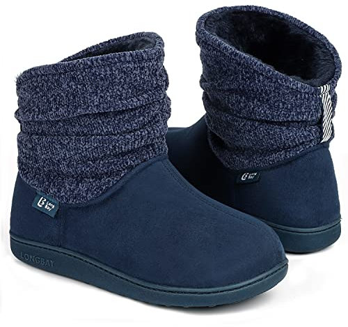 LongBay Damen Hausschuhe Warme Chenille Strick Booties Weiches Suedette Fluffy Kunstfell Memory Foam