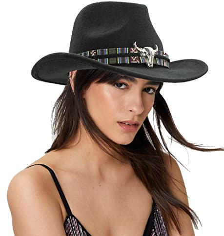 HilyBony Western-Cowboyhüte für Damen, klassische Cowgirl-Filz-Fedora-Hüte mit Gürtel, Schwarz , M