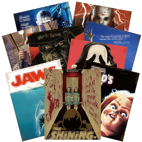 Eartim 9-teiliges klassisches Horror-Film-Poster-Set, Vintage-Film-Wandkunstdrucke, gruseliger Filmcharakter, Druckposter für Halloween-Party, Spukhaus, Zuhause, Wohnzimmer, Büro, Wanddekoration