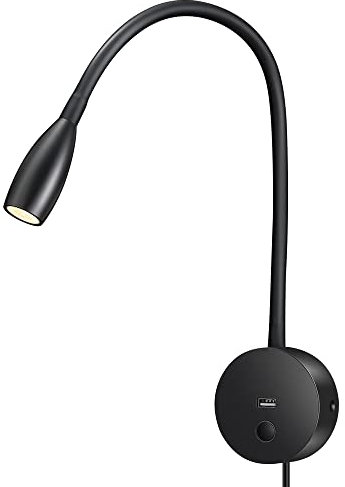 Licchily Lámpara de lectura, luz LED con salida USB flexible luminosidad ajustable, para la mesita de cama con función de memoria cuello flexible 360° montaje a pared 3W/100-240V/200LM/3000K (black)