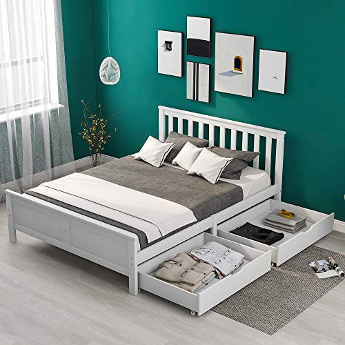 4ft6 Double Bed Frame with Storage, Wooden Solid Pine Storage Bed with 2 Drawers on Wheels, White Bed Frames for Adults, Girls, Boys, Teenagers, Easy to Assemble, 190 x 135cm