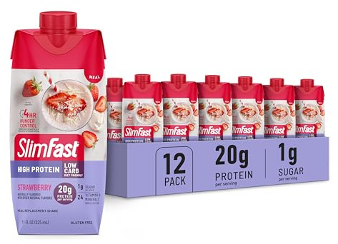 SlimFast Protein Shake, Strawberry- 20g Protein, Meal Replacement Shake Ready to Drink, High Protein with Low Carb and Low Sugar, 24 Vitamins and Minerals, 12 Count (Pack of 1) (Packaging May Vary)