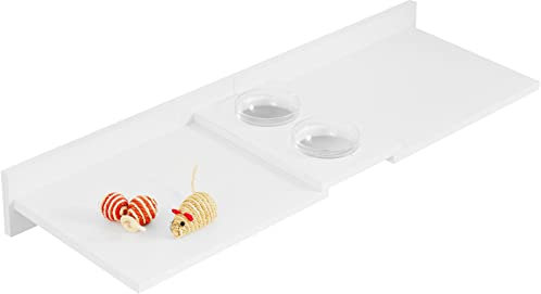 NOVECRAFTO Wall Mounted Cat Feeding Station Double Bowl 39.3'' x 13.5'' (100x34.5cm) White Food and Water Cat Feeder With 2 Removable Glass Bowls Included