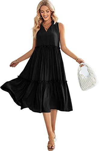 HEYPORK Damen Frühling Sommer Rock Bequem Lässig Kleider Mode Elegant Röcke Frauen Casual V-Ausschnitt Ärmellos Frisch Lose Kleid(Schwarz, M)