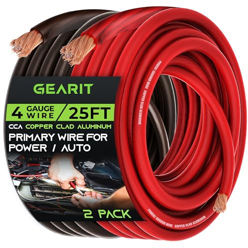 GearIT 4 Gauge Wire (25ft Each- Black/Red Translucent) Copper Clad Aluminum CCA - Primary Automotive Wire Power/Ground, Battery Cable, Car Audio Speaker, RV Trailer, Amp, Electrical 4ga AWG 25 Feet