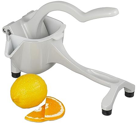 Relaxdays Zitronenpresse, manuell, mit Sieb, Auffangbehälter, Ausgießer, Handpresse Zitronen & Limetten, Aluminium, grau