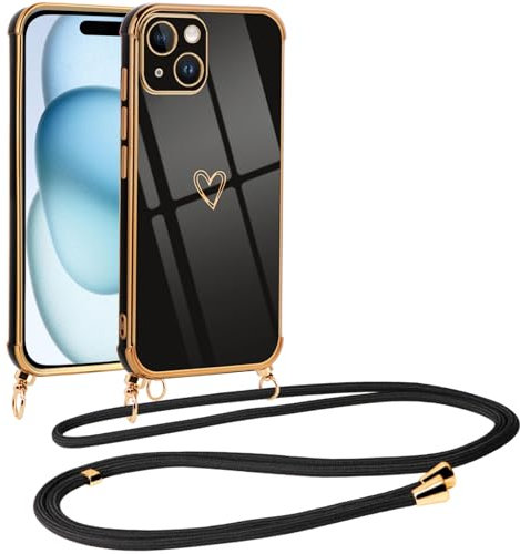 Vauki handyband für iPhone 15 Hülle mit Band, Handyhülle mit Kette, Herz Motiv, Ultra Dünn Stoßfeste Aesthetic Case mit Kordel zum Umhängen für iPhone 15, Schwarz