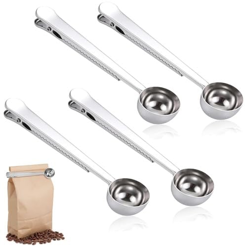 4 Pièces Cuillère à Café avec Pinces Scellées, avec Clip Acier Inoxydable CuillèRe à Café, CuillèRe à Mesurer Pour Café en Grains, Cuillere Doseuse avec Clip Fermeture Sac, Cuillere Doseuse Gramme