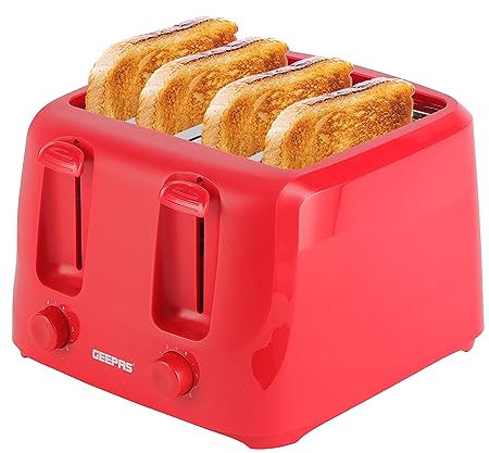 GEEPAS 4 Slice Toaster | 6 Browning Levels with Cancel Function | For Thin Small Bread Slice | 2 Independent Controls 2 Removable Crumb Trays Cool Touch High Lift | 1 Yr Warranty 1400W Red